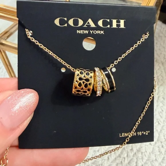 Coach Gold and White with black rhinestones Ring Pendant Necklace - NWT - Picture 7 of 8